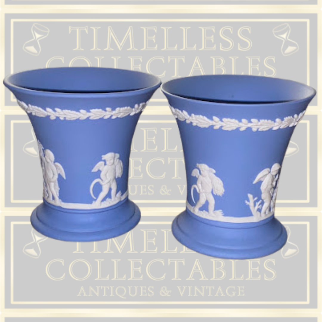 Vintage Pair Wedgwood Jasperware Trumpet Vases