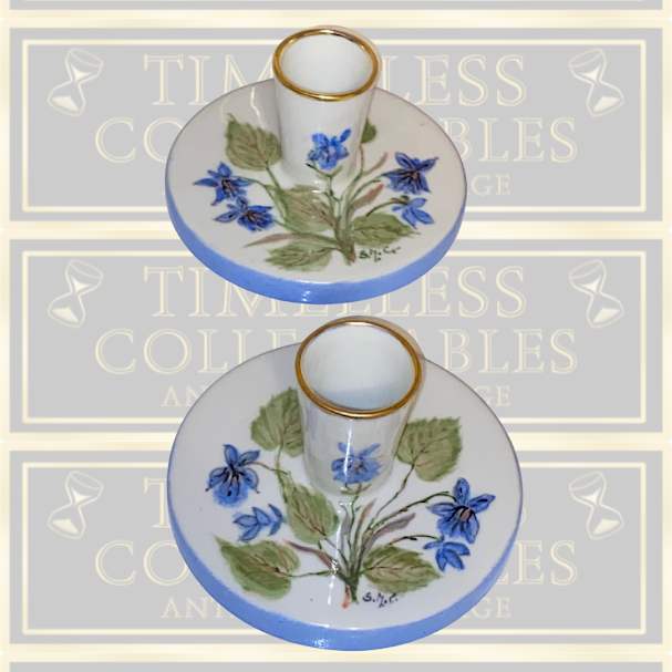 Vintage Pair Hand Painted Signed Swedish Candle Holders