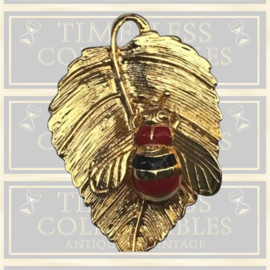 Vintage Bee Brooch Pin On A Leaf