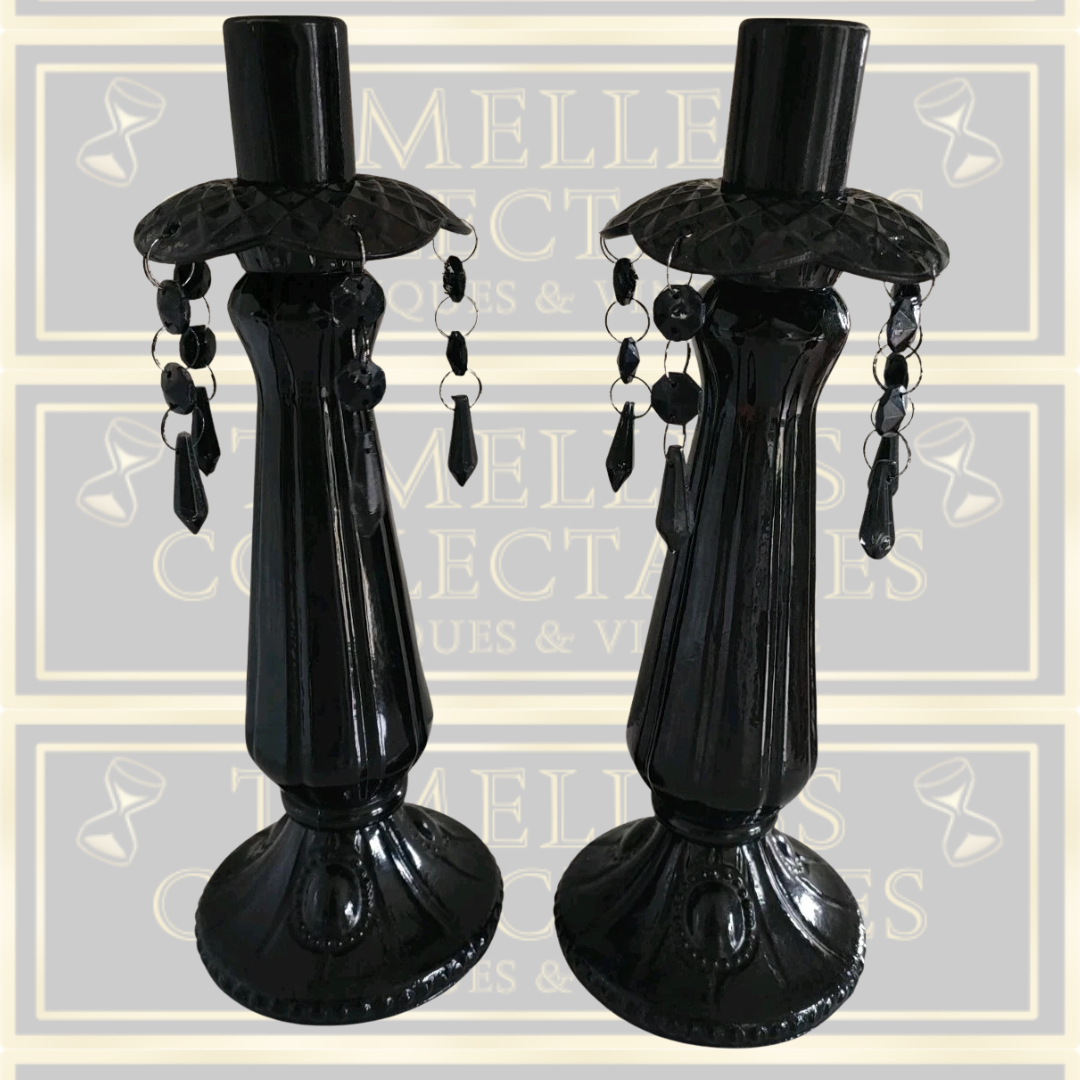 Vintage Pair Glass Black Gothic Candle Holders