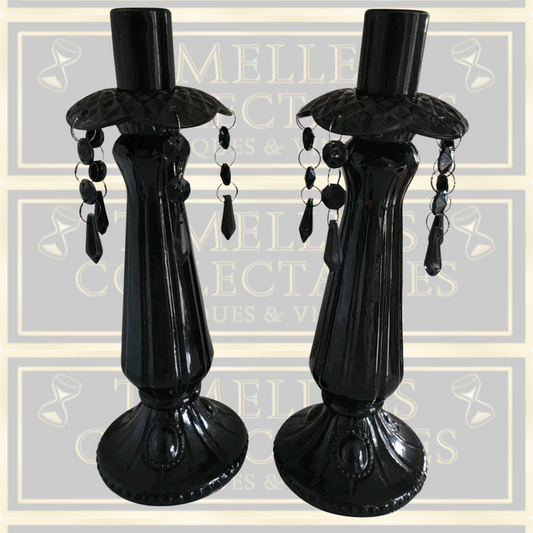 Vintage Pair Glass Black Gothic Candle Holders