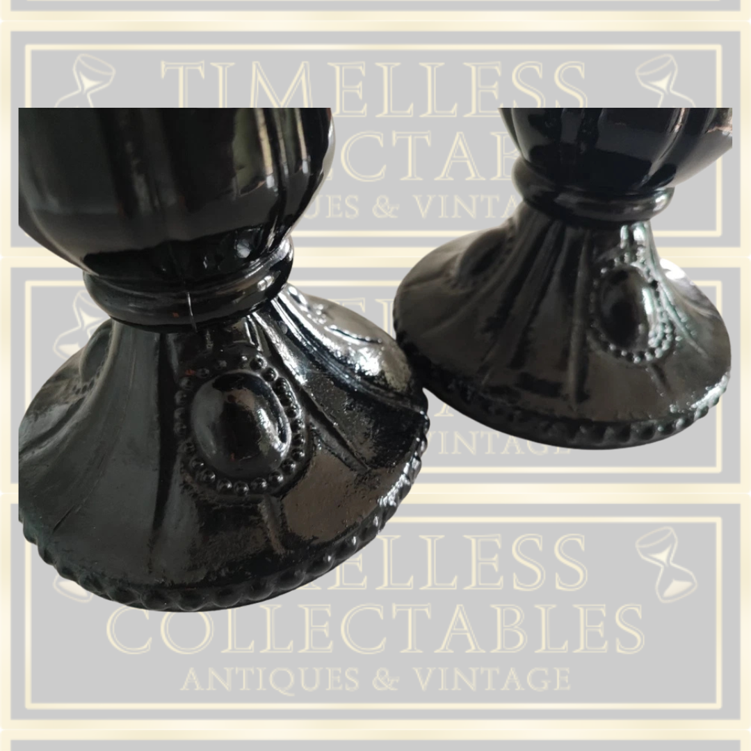 Vintage Pair Glass Black Gothic Candle Holders