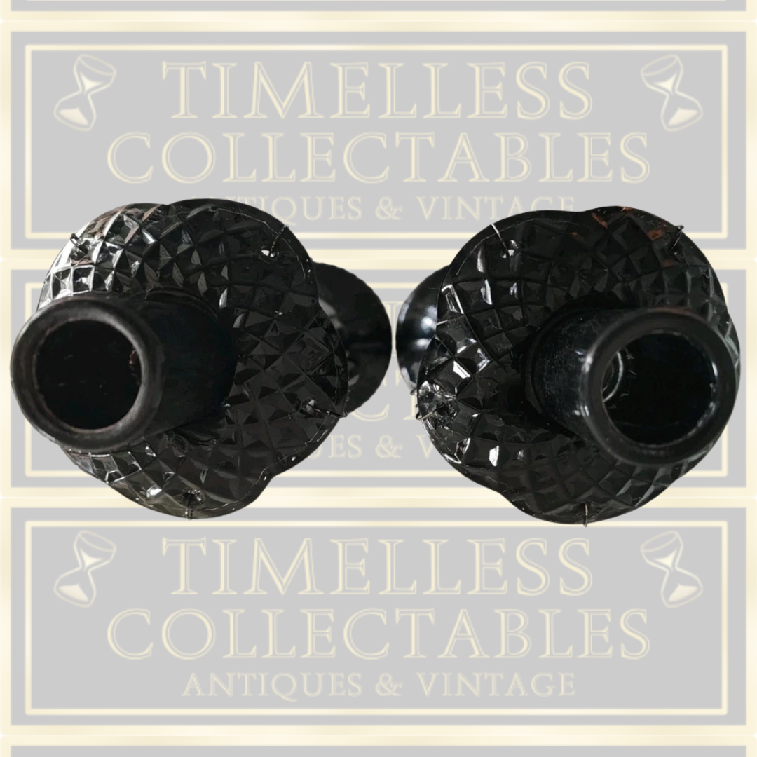 Vintage Pair Glass Black Gothic Candle Holders
