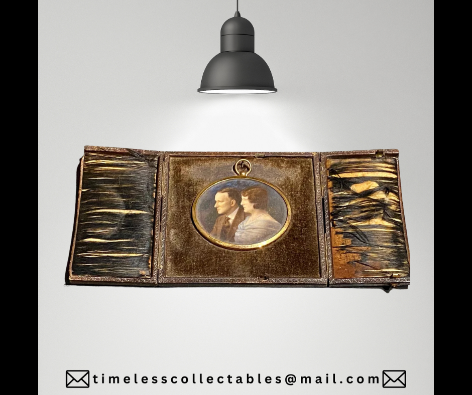 Antique Edwardian c1900 Fine Painted Miniature in Folding Leather Case Frame