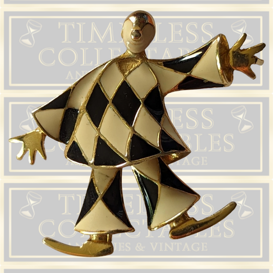 Vintage White & Black Enamel H J Pierrot Clown Brooch