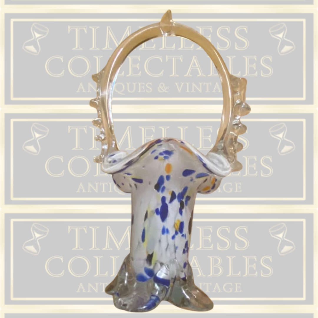 Hands Blown Vintage Multi Coloured Art Glass Basket Posy Vase