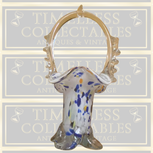 Hands Blown Vintage Multi Coloured Art Glass Basket Posy Vase