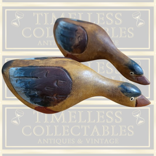 Pair Folk Art Wooden Feeding Ducks