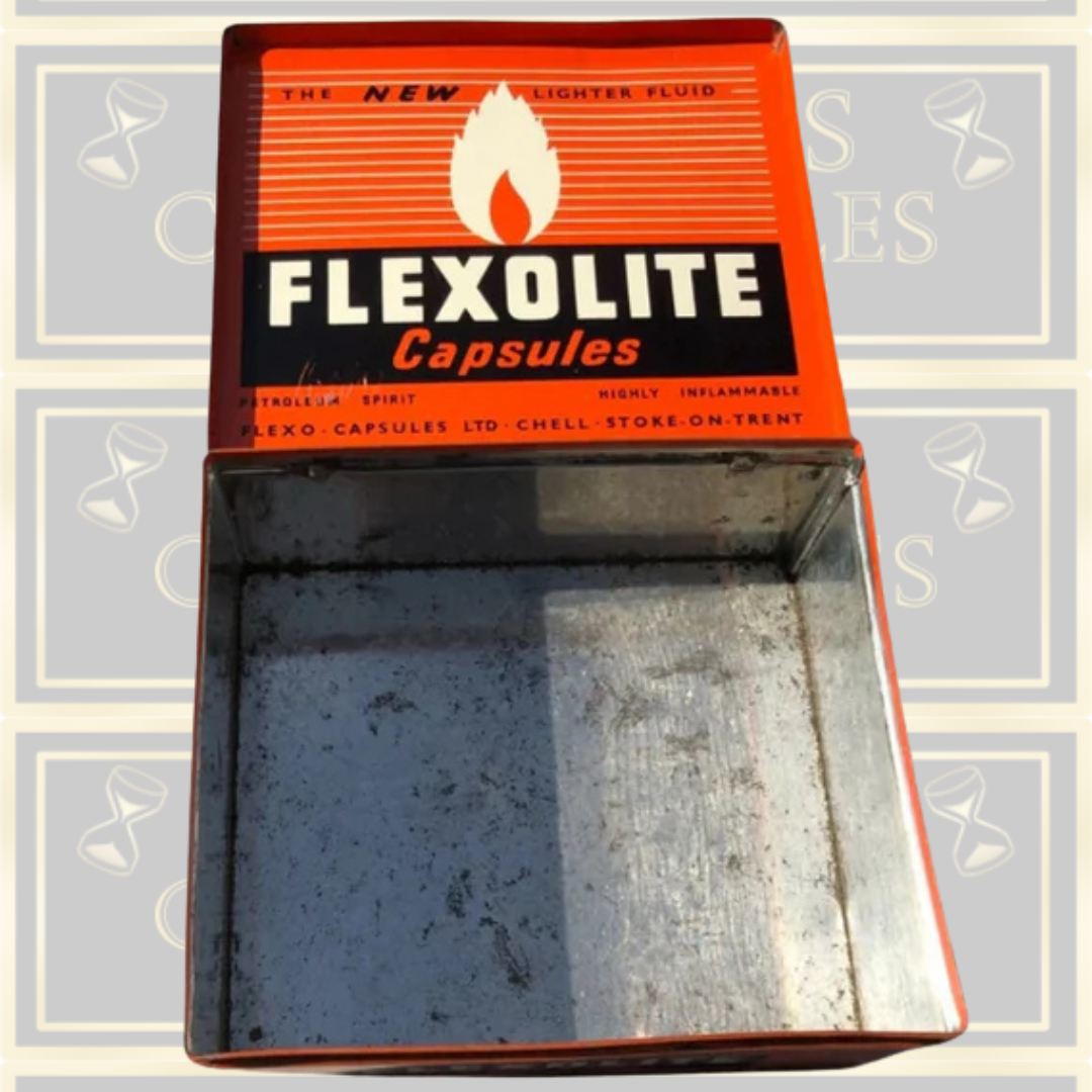 Vintage Flexolite Shop Counter Advertisement Lighter Fluid Tin