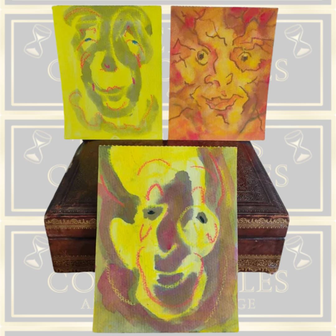 Vintage Three Bright Yellow Small Gouache Paintings