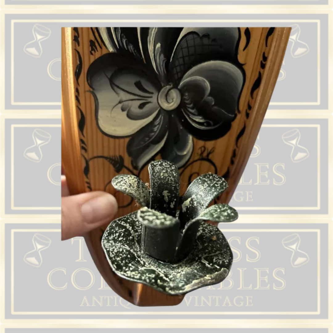 Vintage Norwegian Rosemaling Wood Wall Sconce Candle Holder