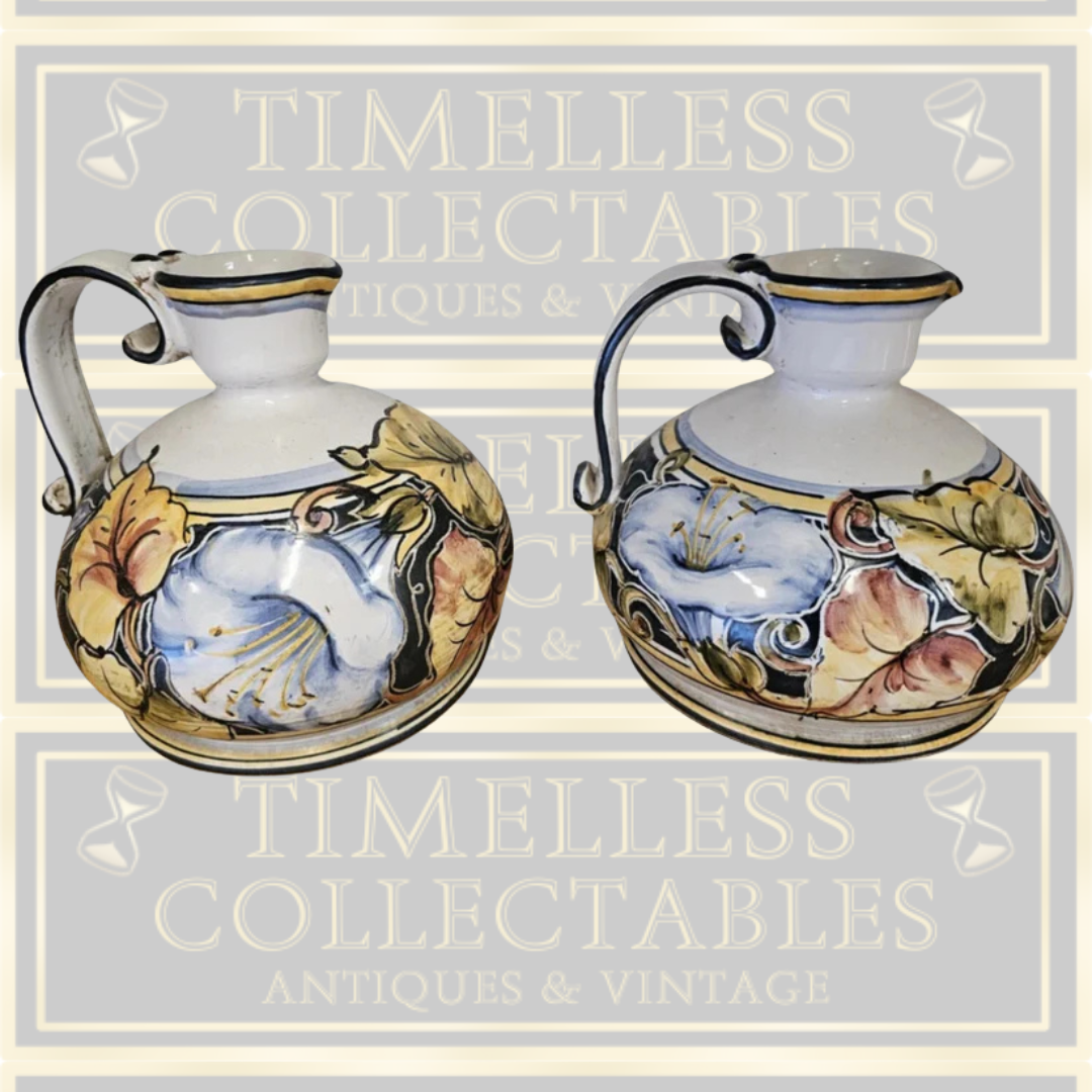 Vintage Pair Of Exquisite Italian Saca Castello Hand Painted Ceramic Jugs