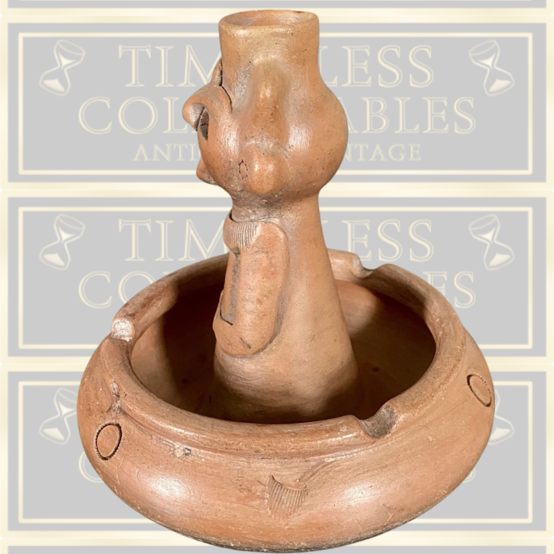 Vintage Mexican Terracotta Folk Art Figural Candle Holder Ashtray