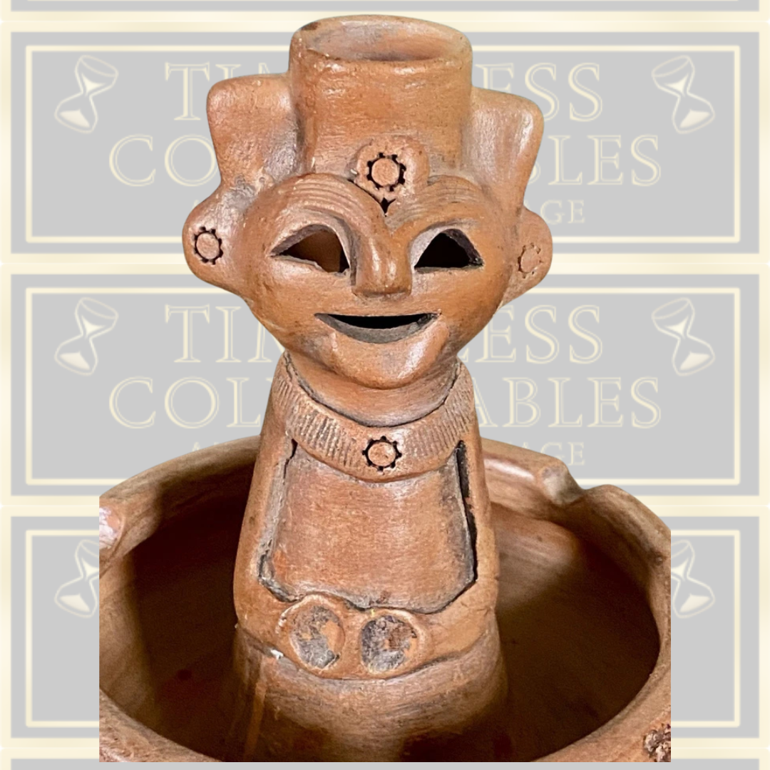 Vintage Mexican Terracotta Folk Art Figural Candle Holder Ashtray