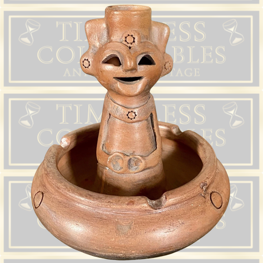 Vintage Mexican Terracotta Folk Art Figural Candle Holder Ashtray