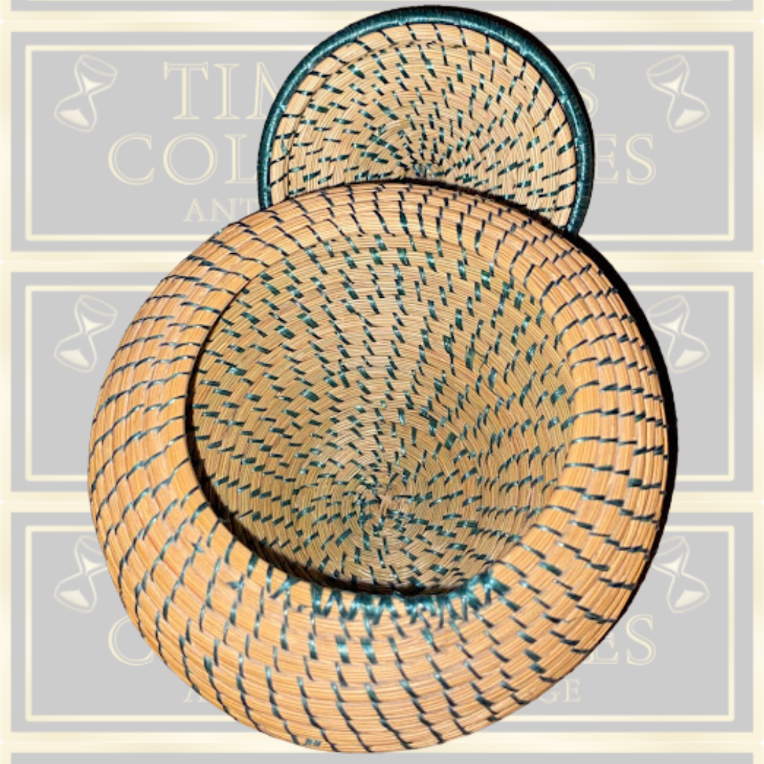 Vintage Coiled Hand Woven Round Lidded Basket Straw natural teal