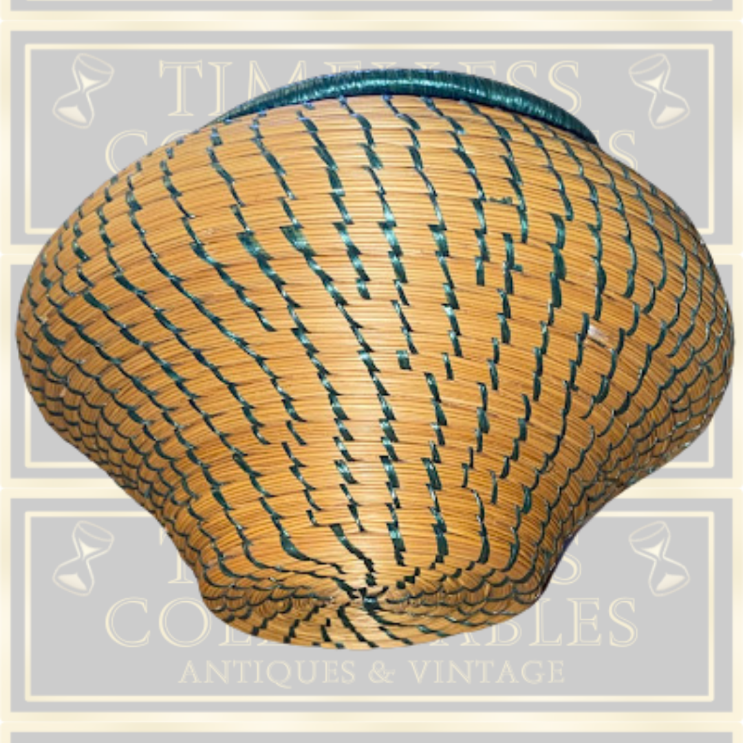 Vintage Coiled Hand Woven Round Lidded Basket Straw natural teal