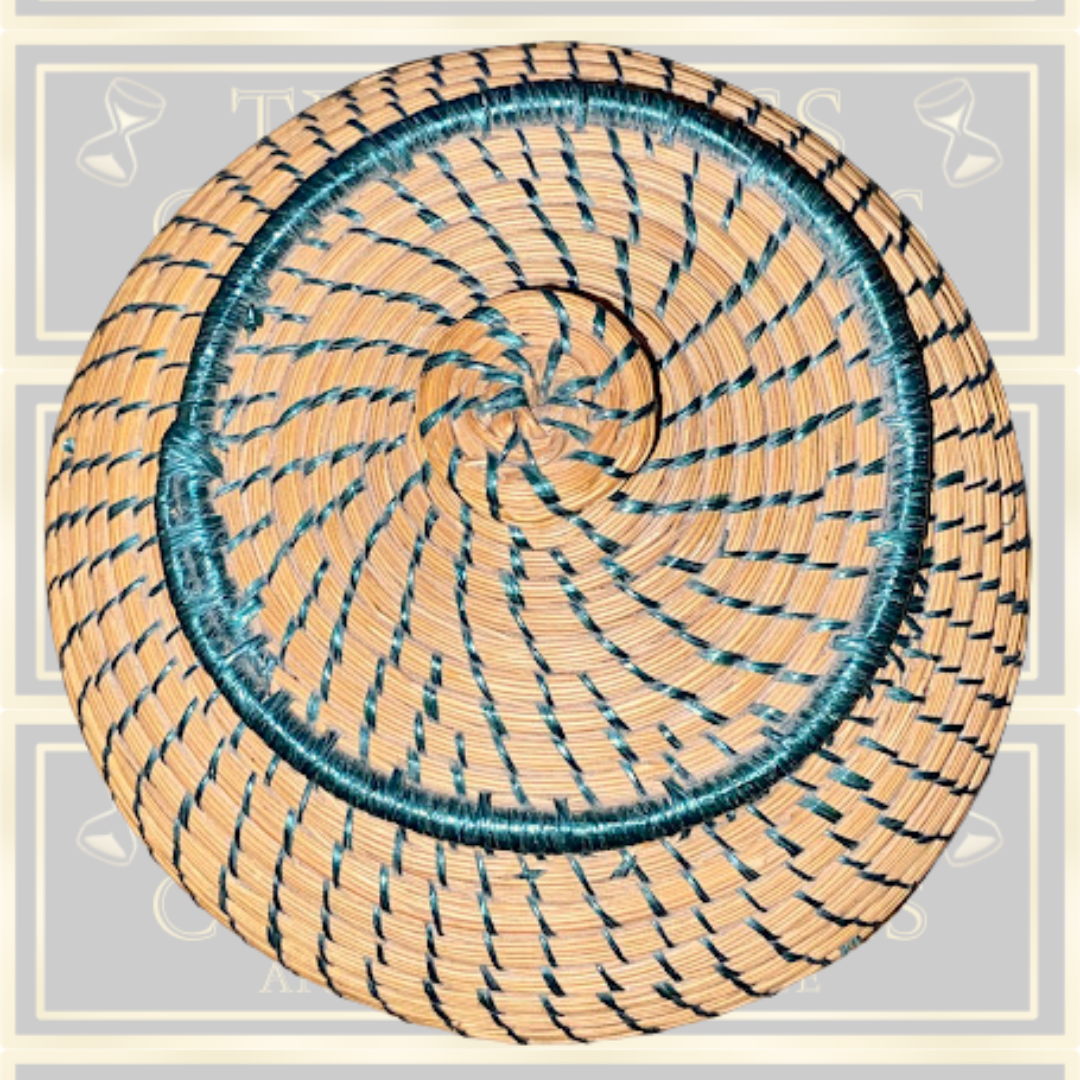 Vintage Coiled Hand Woven Round Lidded Basket Straw natural teal