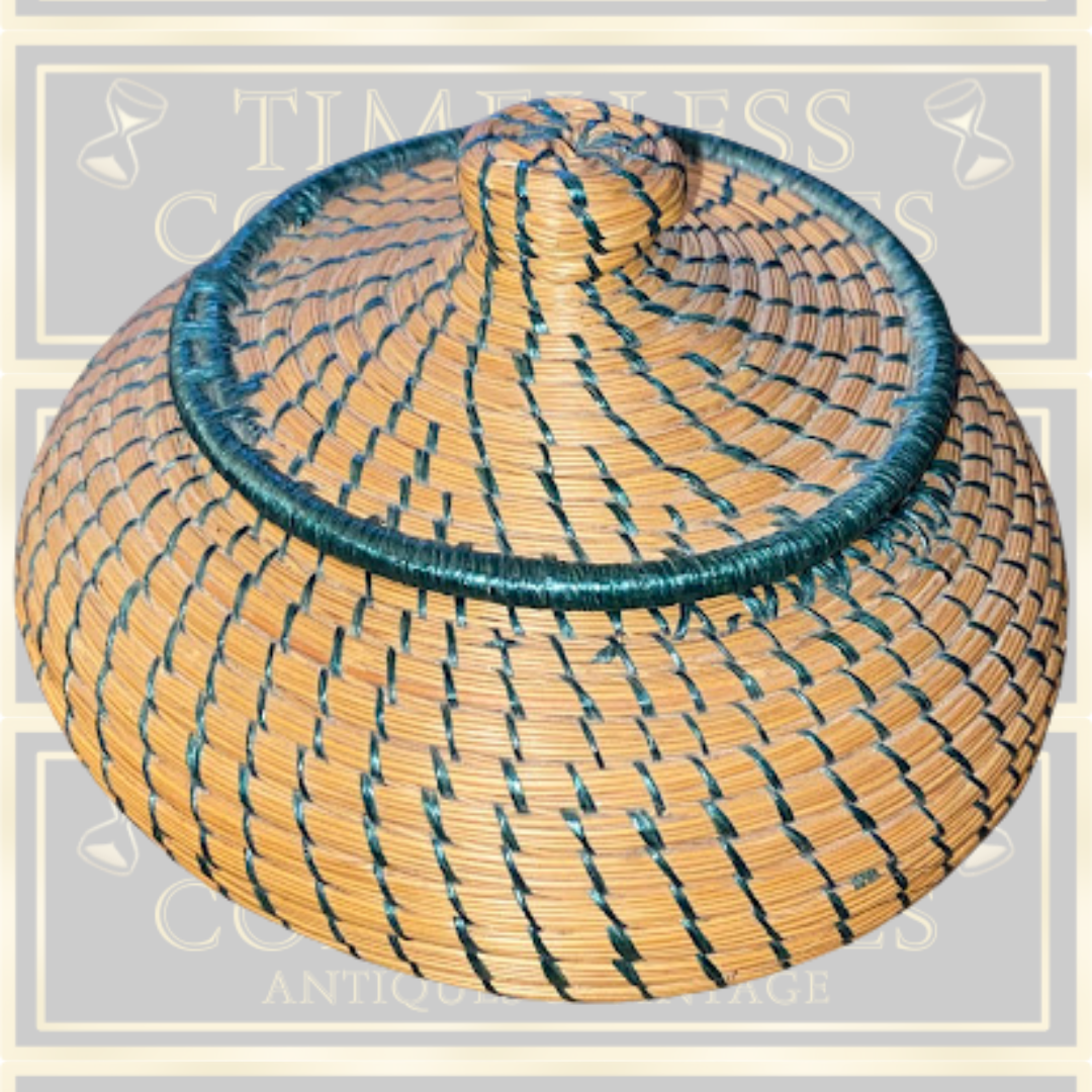 Vintage Coiled Hand Woven Round Lidded Basket Straw natural teal
