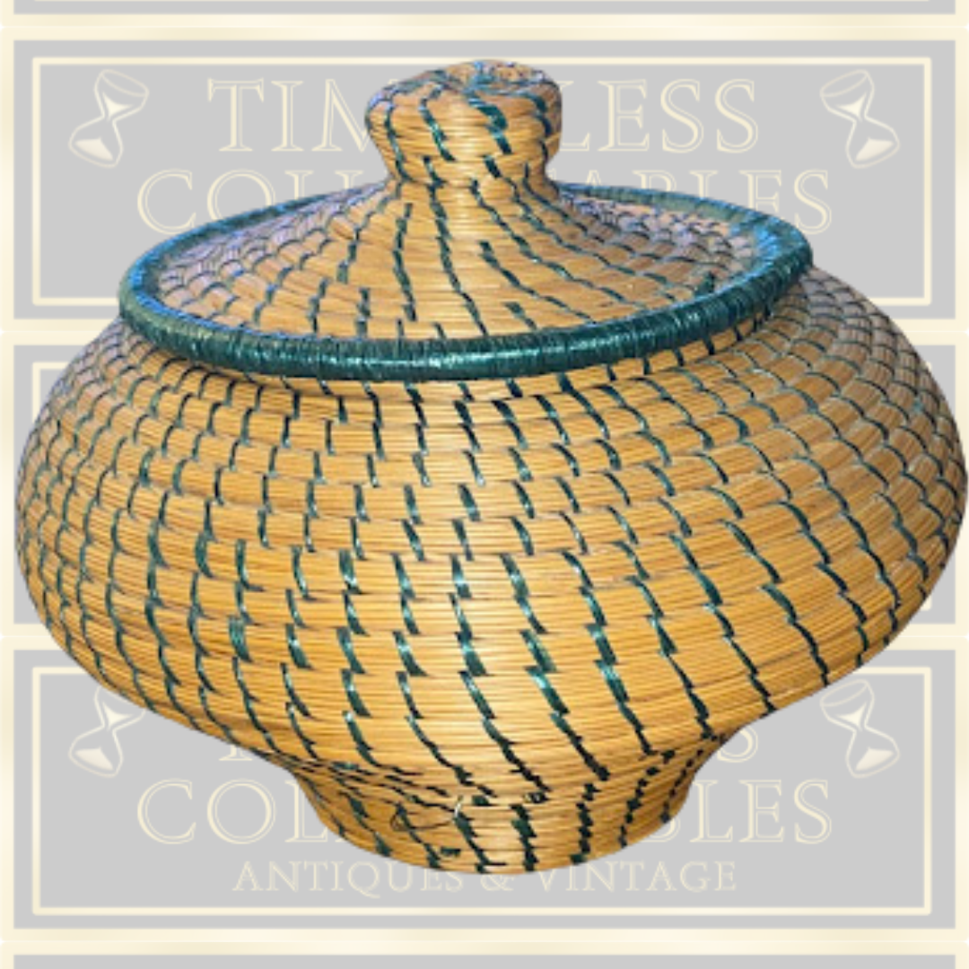 Vintage Coiled Hand Woven Round Lidded Basket Straw natural teal