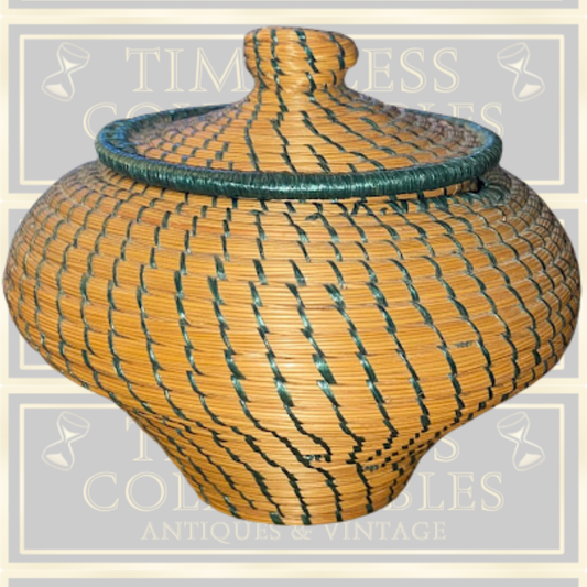 Vintage Coiled Hand Woven Round Lidded Basket Straw natural teal