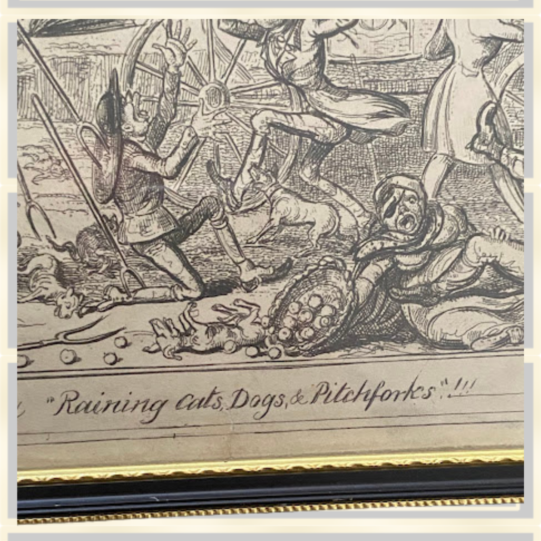Raining Cats, Dogs, & Pitchforks! Satirical Engraving