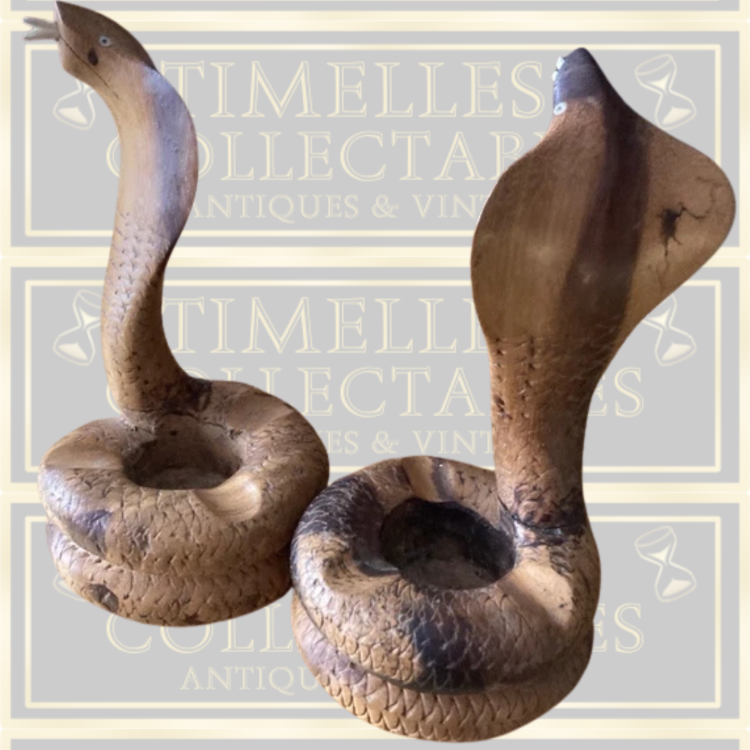 Vintage Pair Wooden Hand Carved Cobra Ashtray/Candle Holders