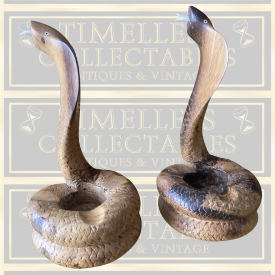 Vintage Pair Wooden Hand Carved Cobra Ashtray/Candle Holders