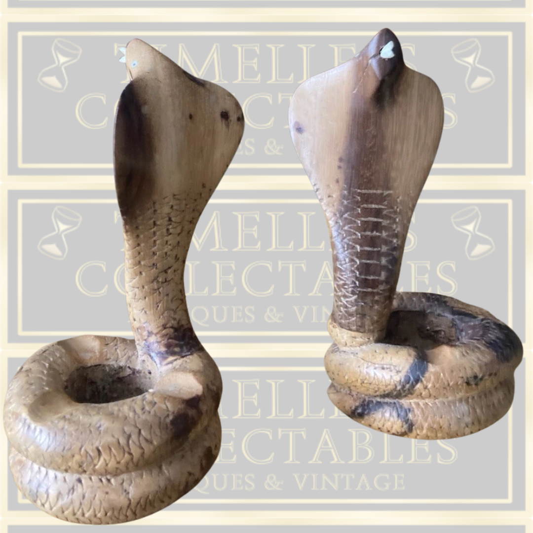 Vintage Pair Wooden Hand Carved Cobra Ashtray/Candle Holders