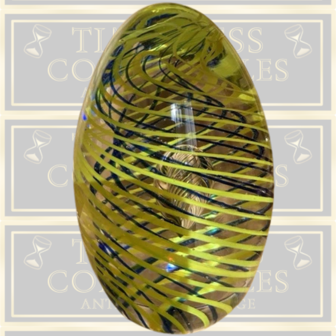 Large Yellow & Blue Spirals Egg Shaped Art Glass Paperweight