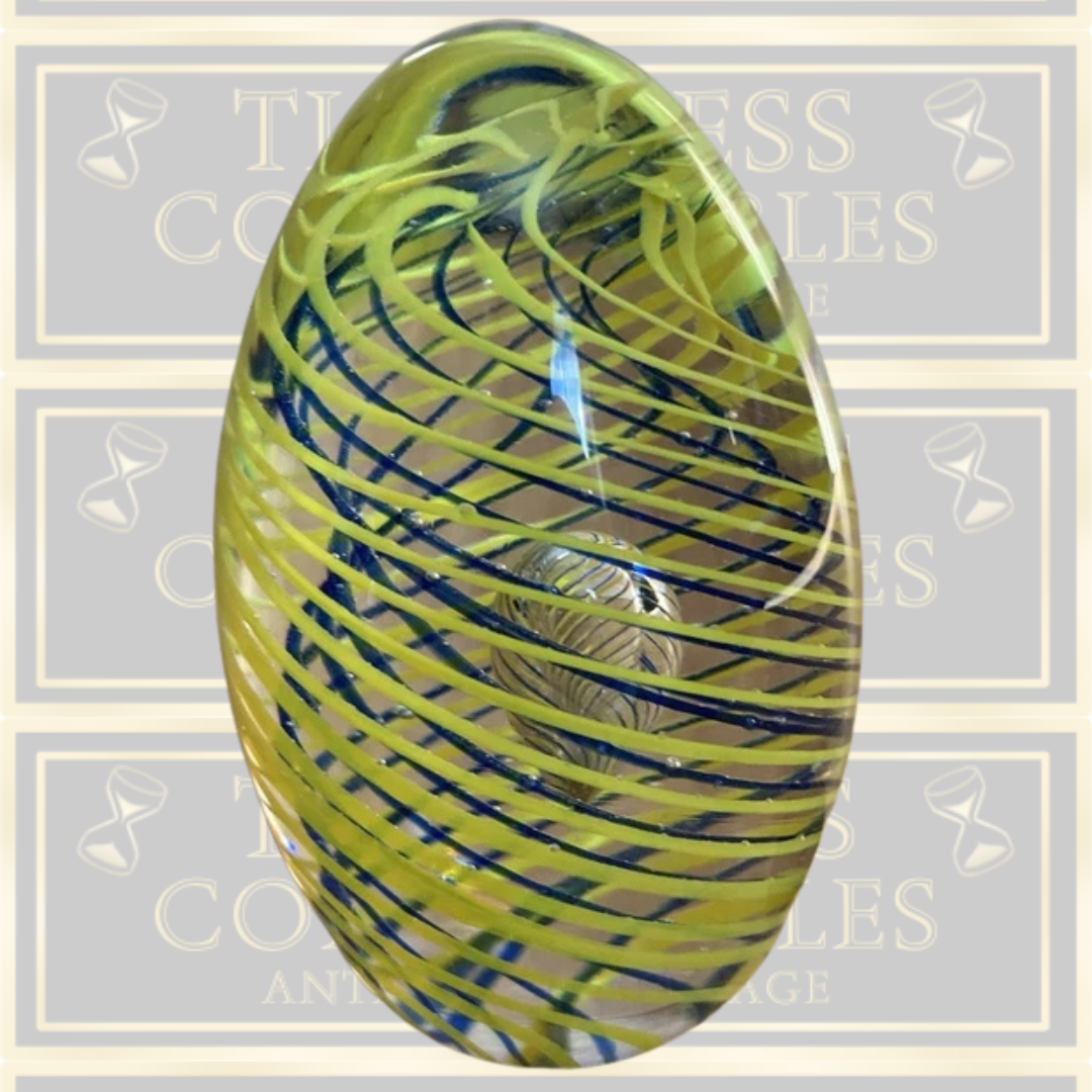 Large Yellow & Blue Spirals Egg Shaped Art Glass Paperweight
