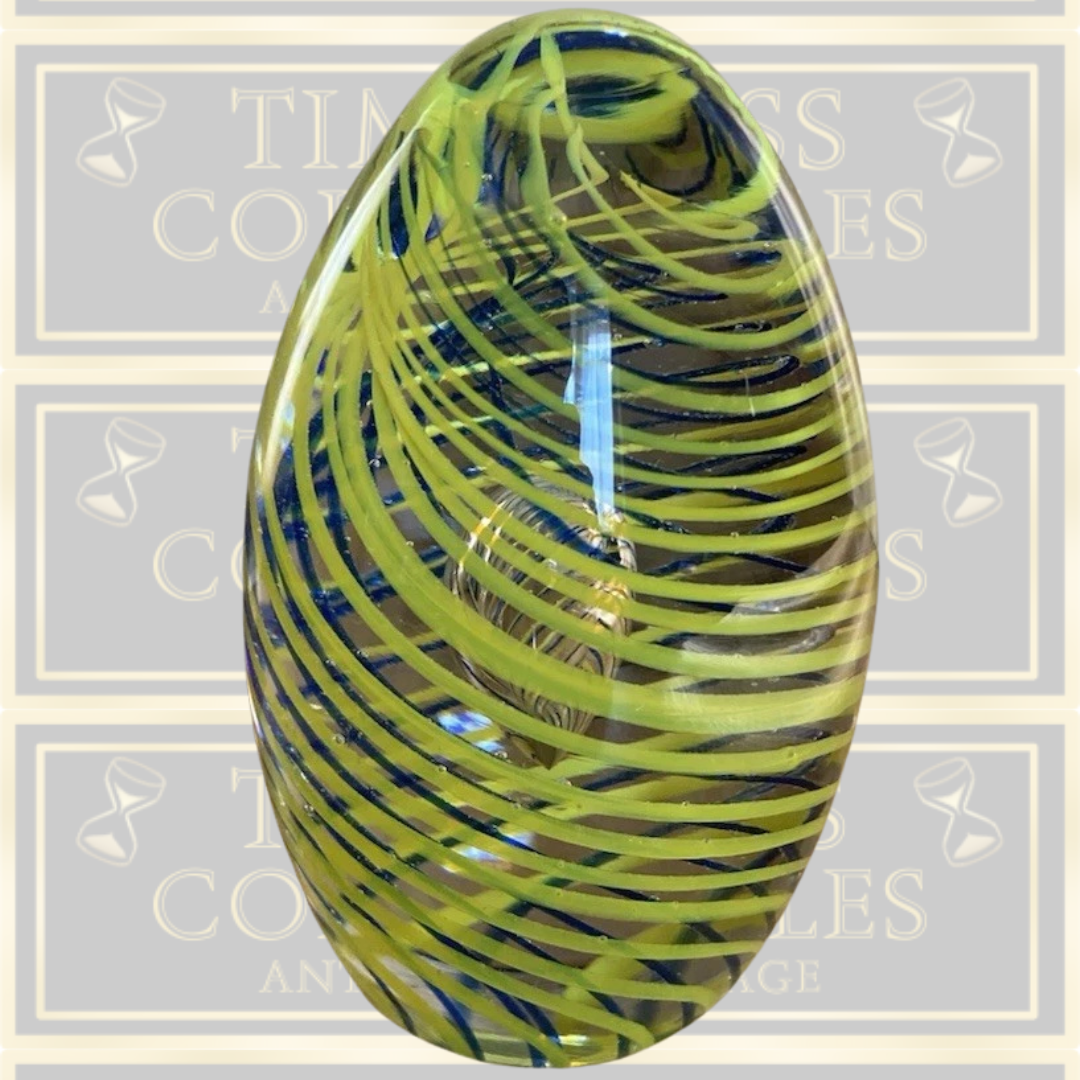 Large Yellow & Blue Spirals Egg Shaped Art Glass Paperweight