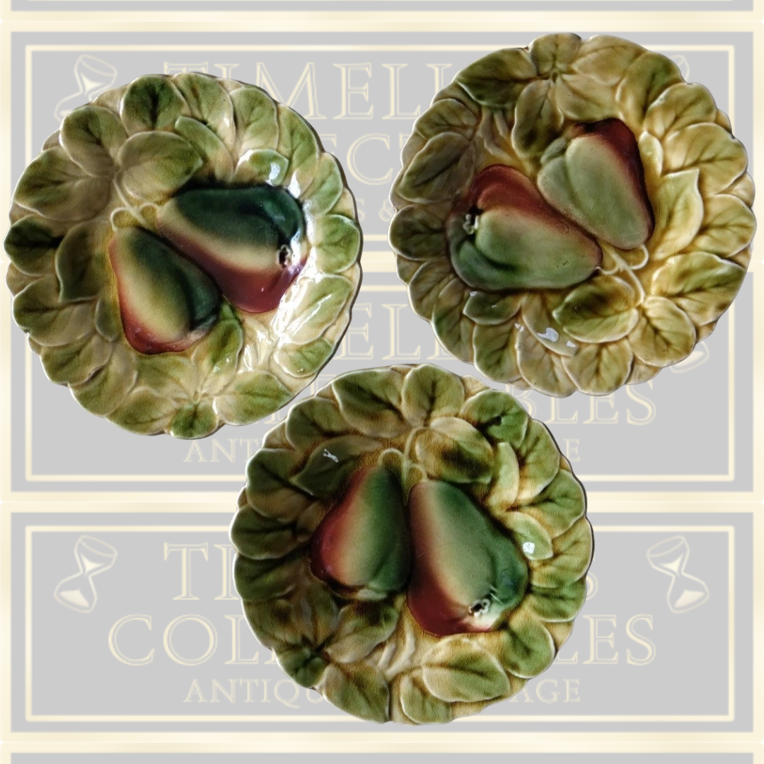 Three Antique French Majolica Sarreguemines Pear Plates