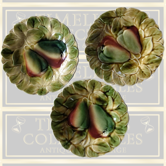 Three Antique French Majolica Sarreguemines Pear Plates