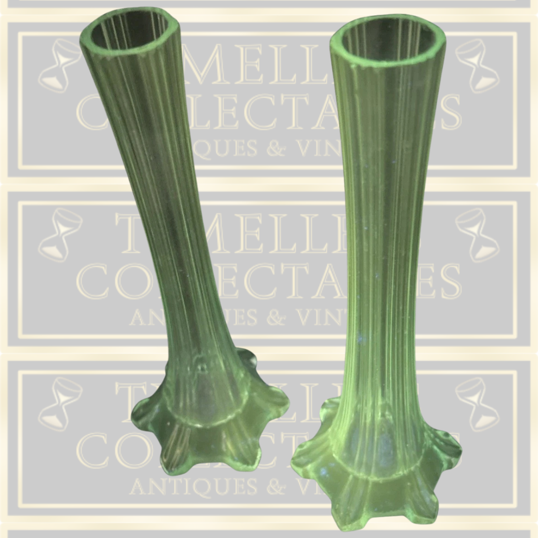 Vintage Pair uv Blue Narrow Stemmed Glass Bud Vases