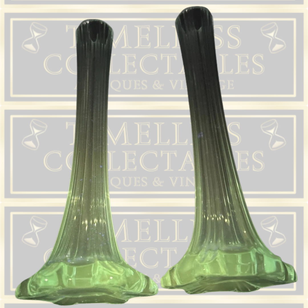 Vintage Pair uv Blue Narrow Stemmed Glass Bud Vases