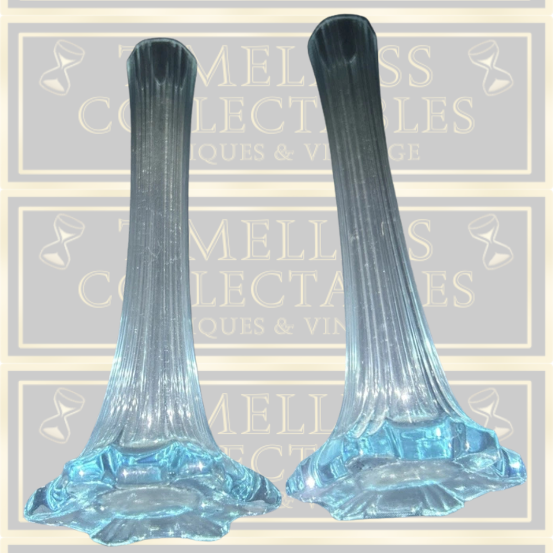 Vintage Pair uv Blue Narrow Stemmed Glass Bud Vases