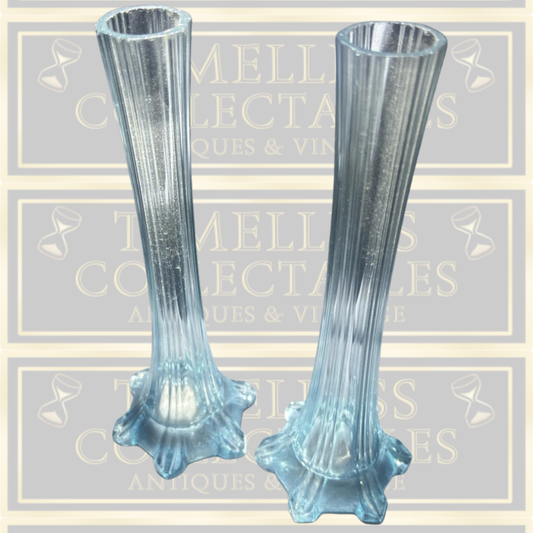 Vintage Pair uv Blue Narrow Stemmed Glass Bud Vases