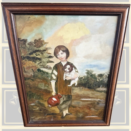 Vintage Portrait Oil Painting Girl & Puppy