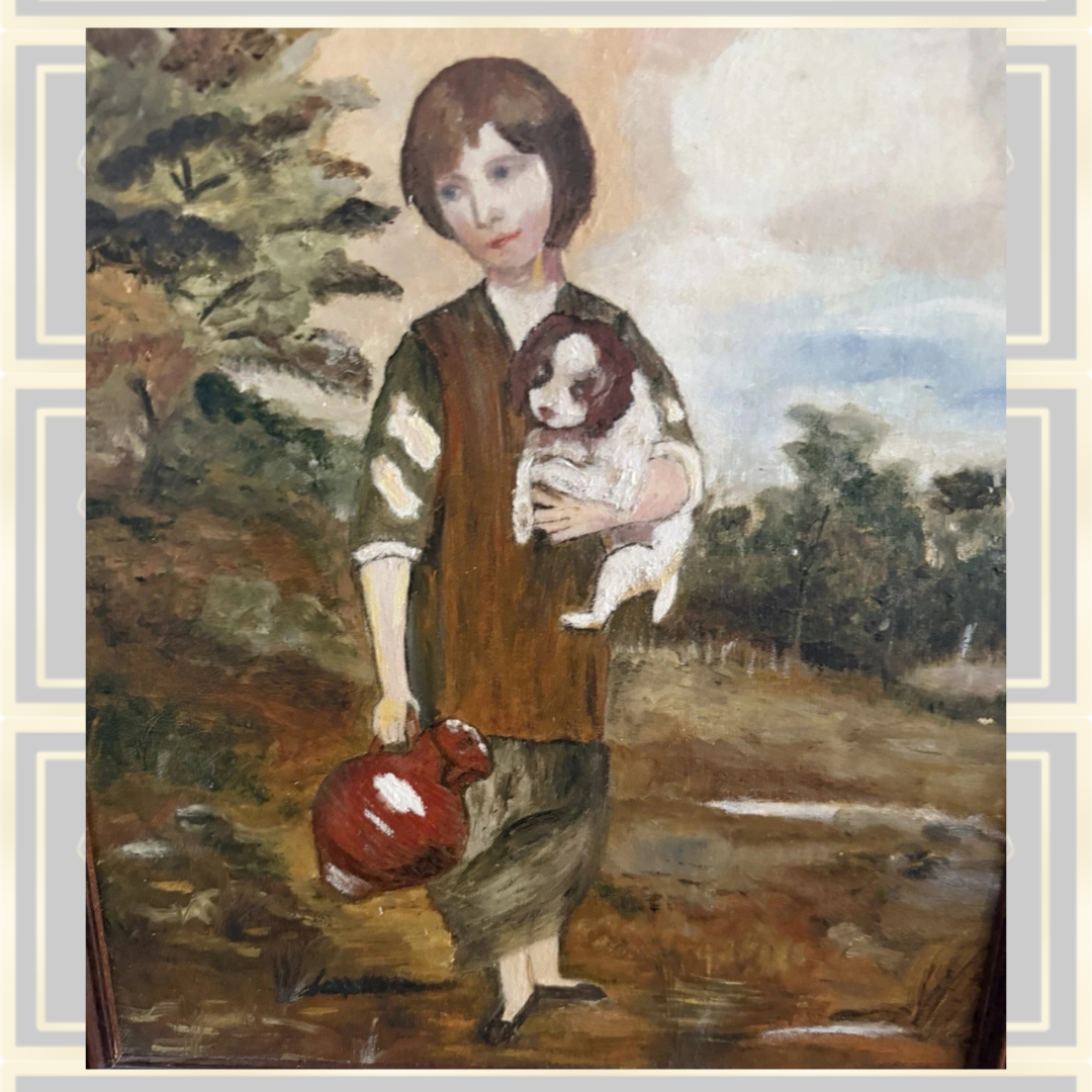 Vintage Portrait Oil Painting Girl & Puppy