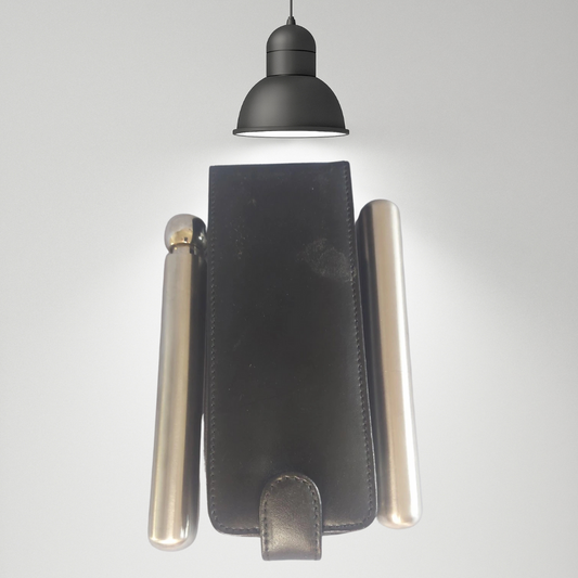 A Vintage Gentleman's Hip flask And Cigar Can In Leather Wallet