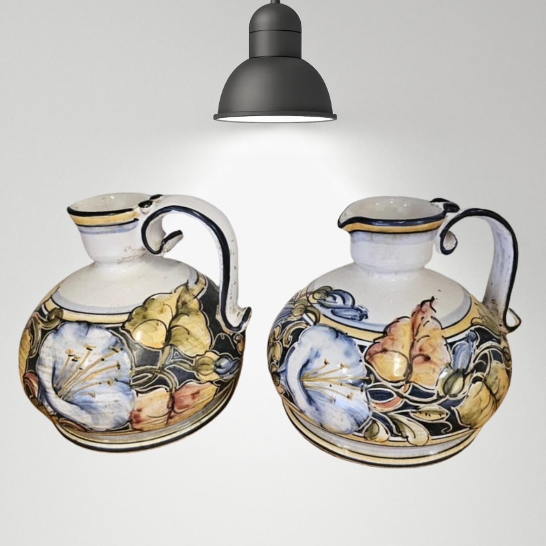 Vintage Pair Of Exquisite Italian Saca Castello Hand Painted Ceramic Jugs