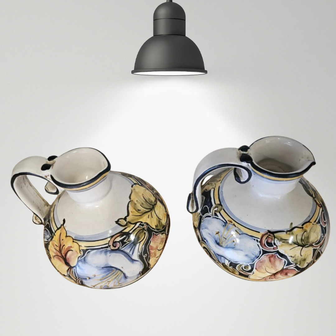 Vintage Pair Of Exquisite Italian Saca Castello Hand Painted Ceramic Jugs
