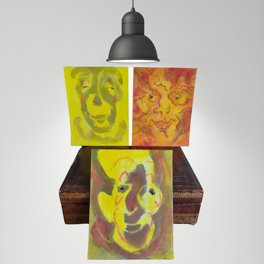 Vintage Set 3 Bright Yellow Small Gouache Paintings Funny Faces Clown Circus by Fk Owen