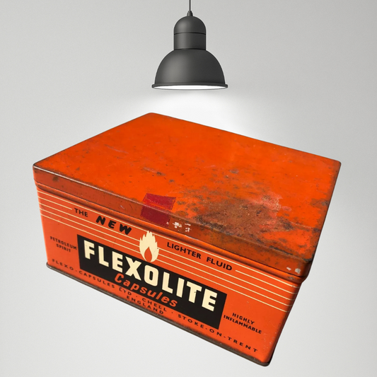 Vintage Flexolite Shop Counter Advertisement Lighter Fluid Tin