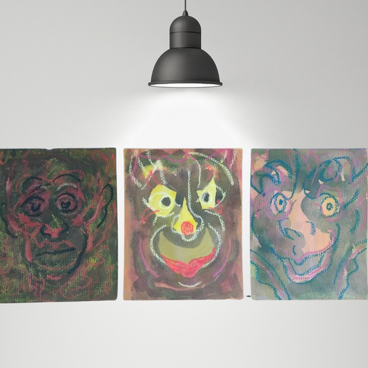 Vintage Set Of 3 Small Gouache Paintings Funny Faces Clown Monkey Circus by Fk Owen