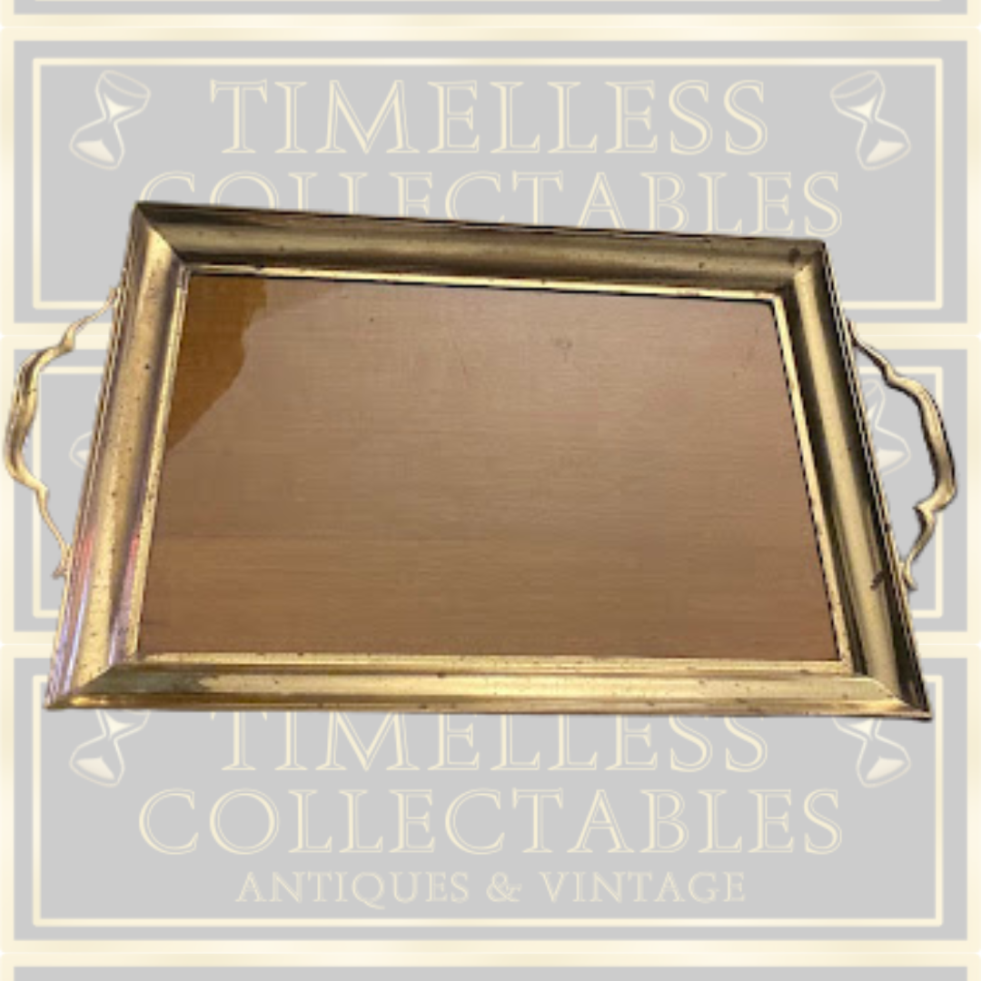 Vintage Brass Wood Rectangular Serving Tray With Handles
