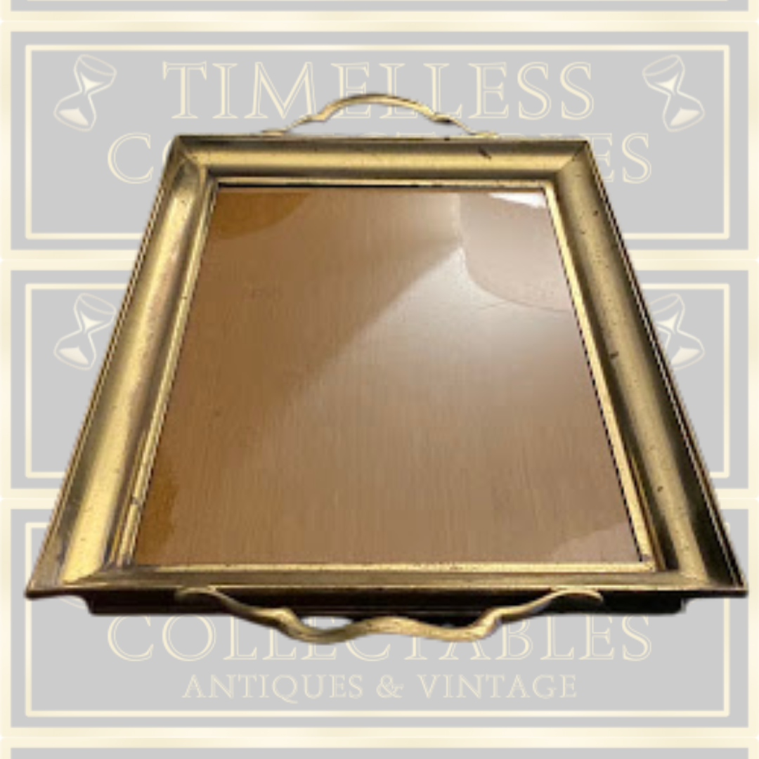 Vintage Brass Wood Rectangular Serving Tray With Handles