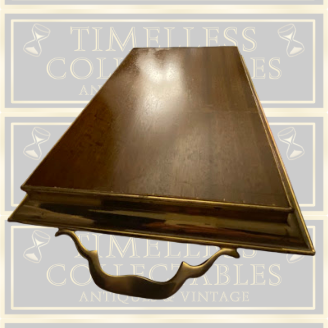 Vintage Brass Wood Rectangular Serving Tray With Handles