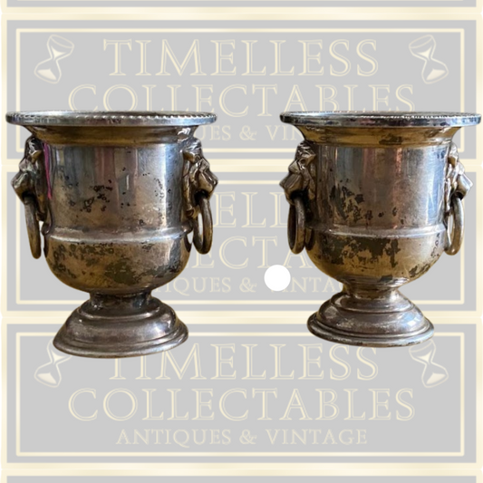 Pair Vintage Viners Of Sheffield Silver Plated Lion Head Ringed Small Urn/Eggcup's